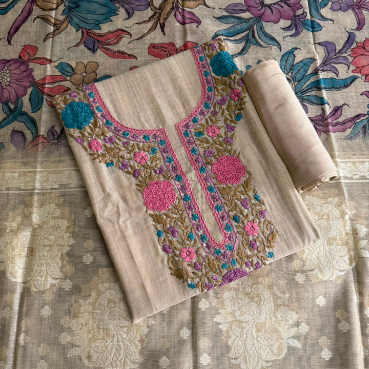 Premium Chanderi Unstitched Suit Set With Beautifully Multicolour Thread Embroidery - NS0824-3