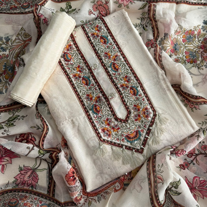 Elegant Muslin Self Print Unstitched Suit Set-FM0086-A