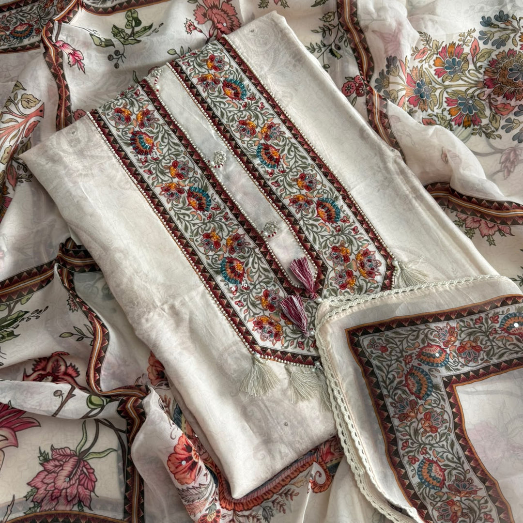 Elegant Muslin Self Print Unstitched Suit Set-FM0086-A