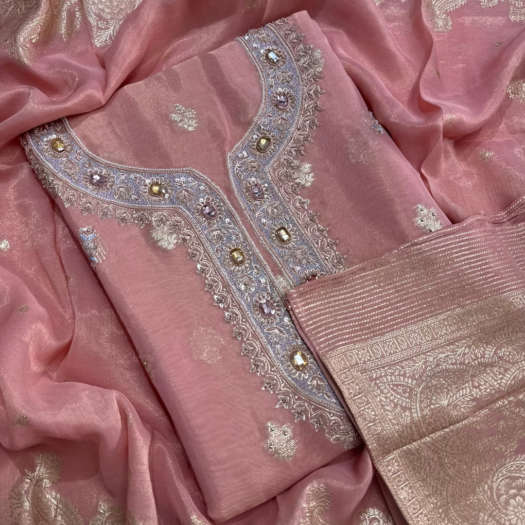 Elegant Shimmer Tissue Unstitched Suit Set-SF037A-A