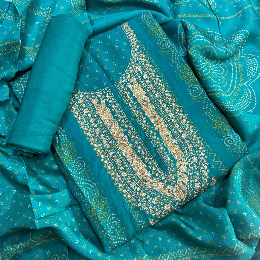 Elegant Bandhani Modal Silk Unstitched Suit Set|Traditional Ethnic Dress Material-NY3104-2