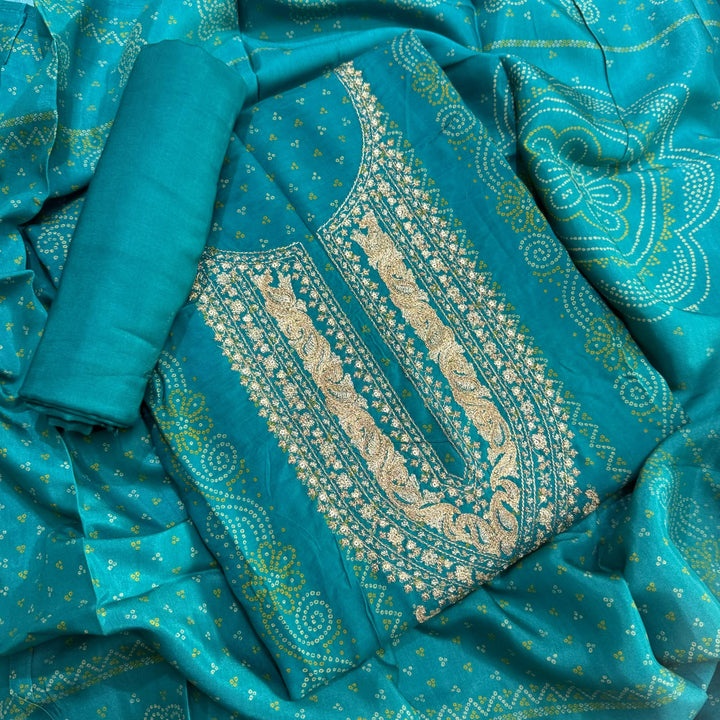 Elegant Bandhani Modal Silk Unstitched Suit Set|Traditional Ethnic Dress Material-NY3104-2
