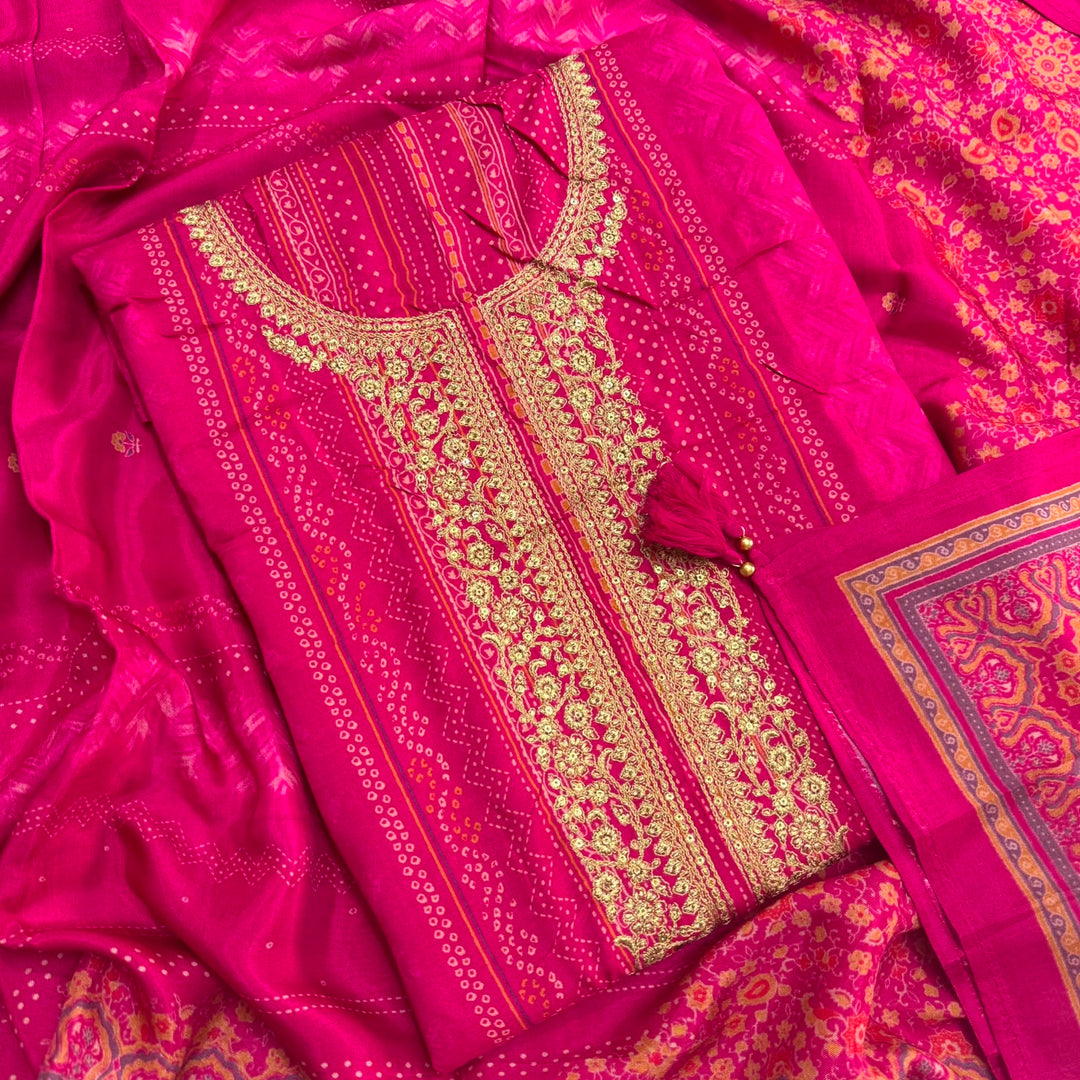 Elegant Bandhani Modal Silk Unstitched Suit Set|Traditional Ethnic Dress Material-NY3103-1