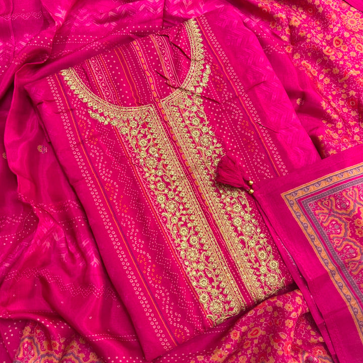 Elegant Bandhani Modal Silk Unstitched Suit Set|Traditional Ethnic Dress Material-NY3103-1