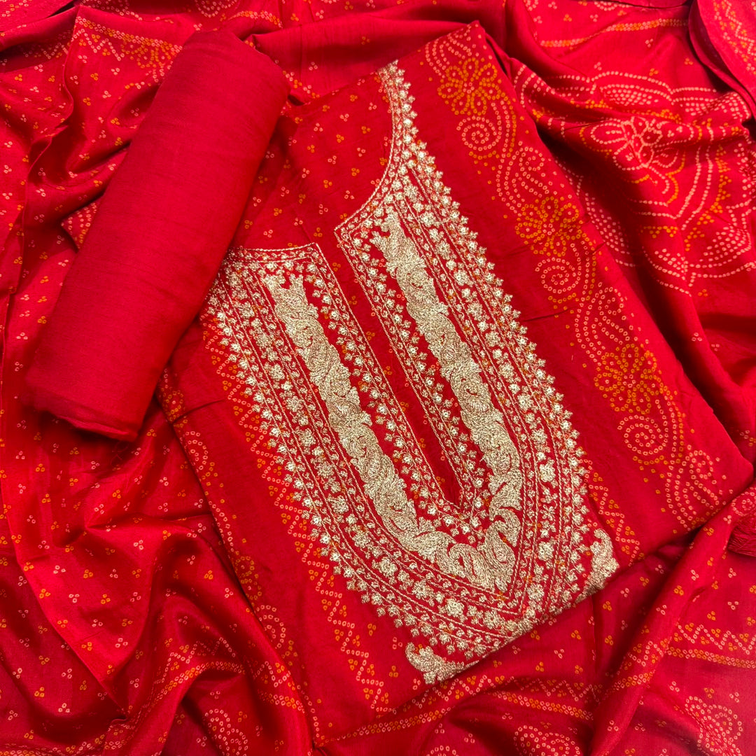 Elegant Bandhani Modal Silk Unstitched Suit Set|Traditional Ethnic Dress Material-NY3104-1