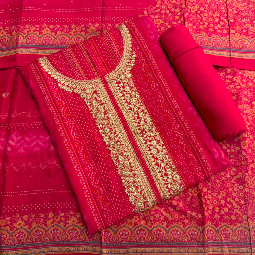 Elegant Bandhani Modal Silk Unstitched Suit Set|Traditional Ethnic Dress Material-NY3103-2