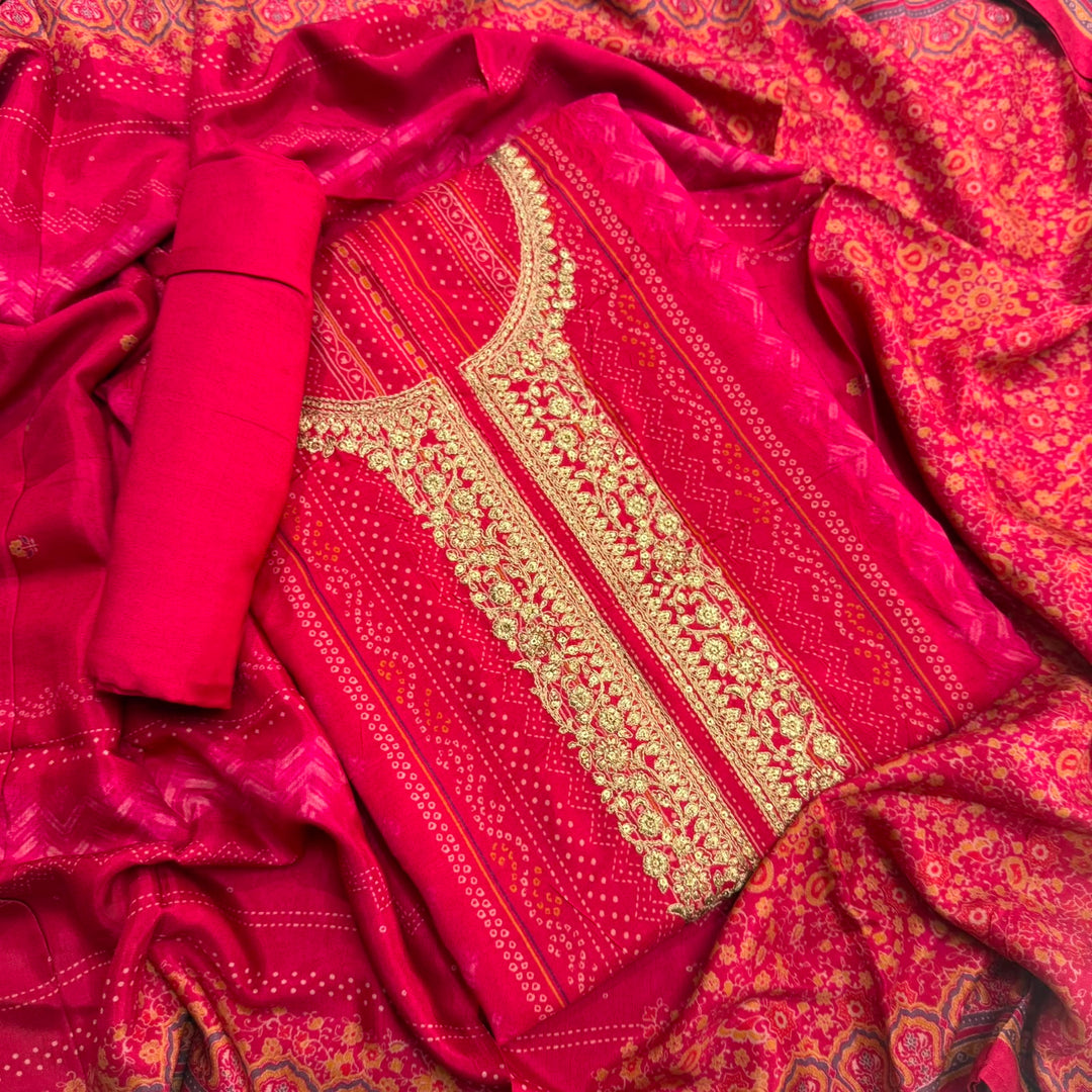 Elegant Bandhani Modal Silk Unstitched Suit Set|Traditional Ethnic Dress Material-NY3103-2