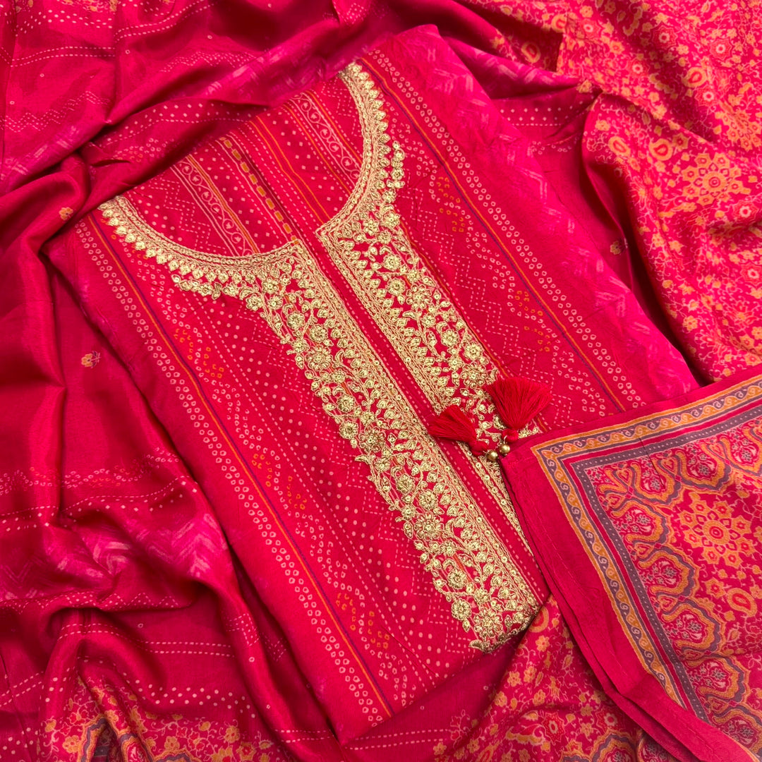 Elegant Bandhani Modal Silk Unstitched Suit Set|Traditional Ethnic Dress Material-NY3103-2