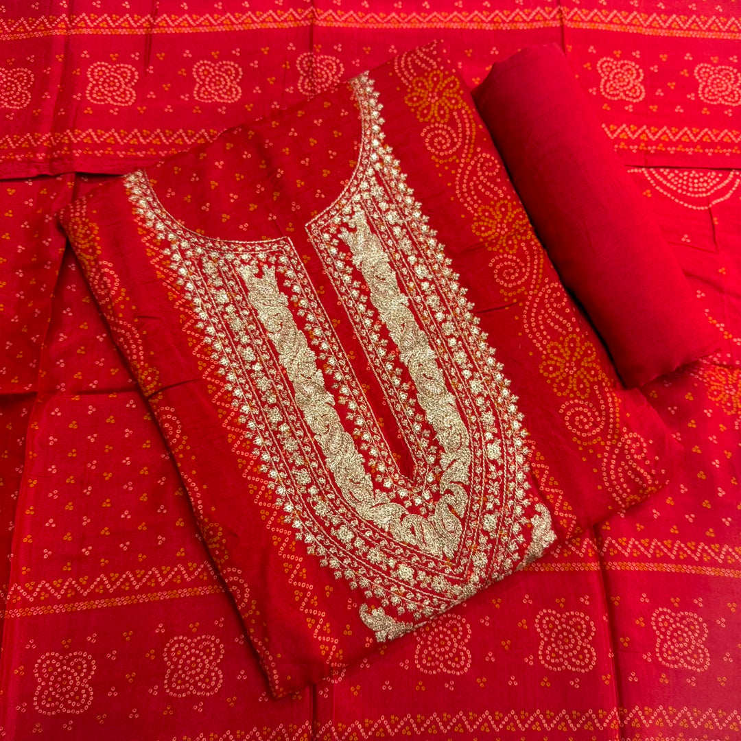 Elegant Bandhani Modal Silk Unstitched Suit Set|Traditional Ethnic Dress Material-NY3104-1