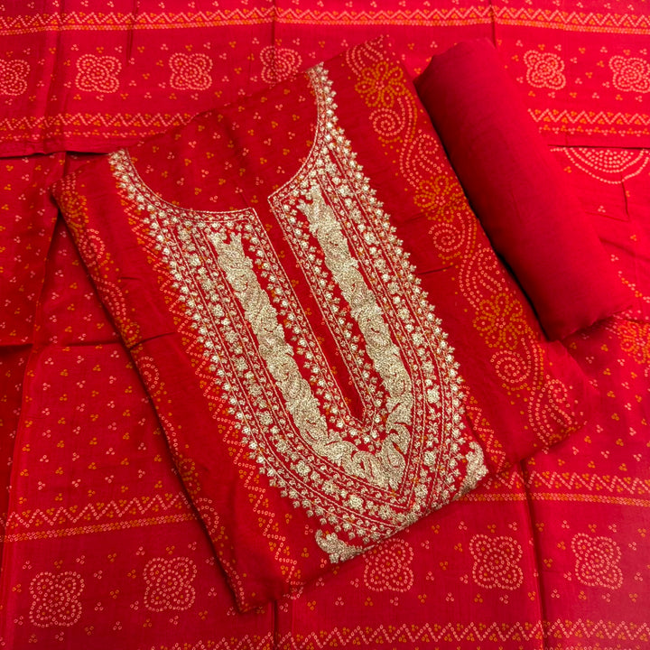 Elegant Bandhani Modal Silk Unstitched Suit Set|Traditional Ethnic Dress Material-NY3104-1
