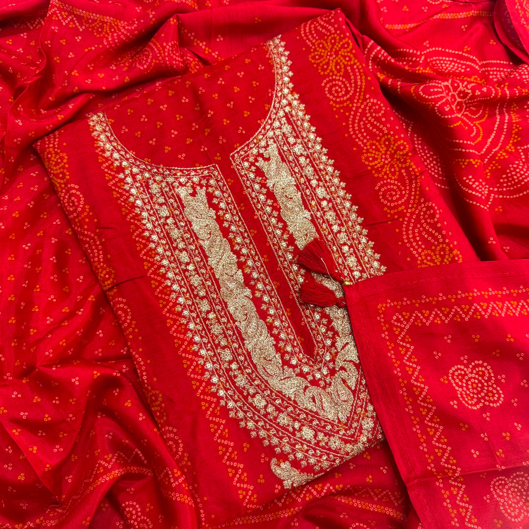 Elegant Bandhani Modal Silk Unstitched Suit Set|Traditional Ethnic Dress Material-NY3104-1