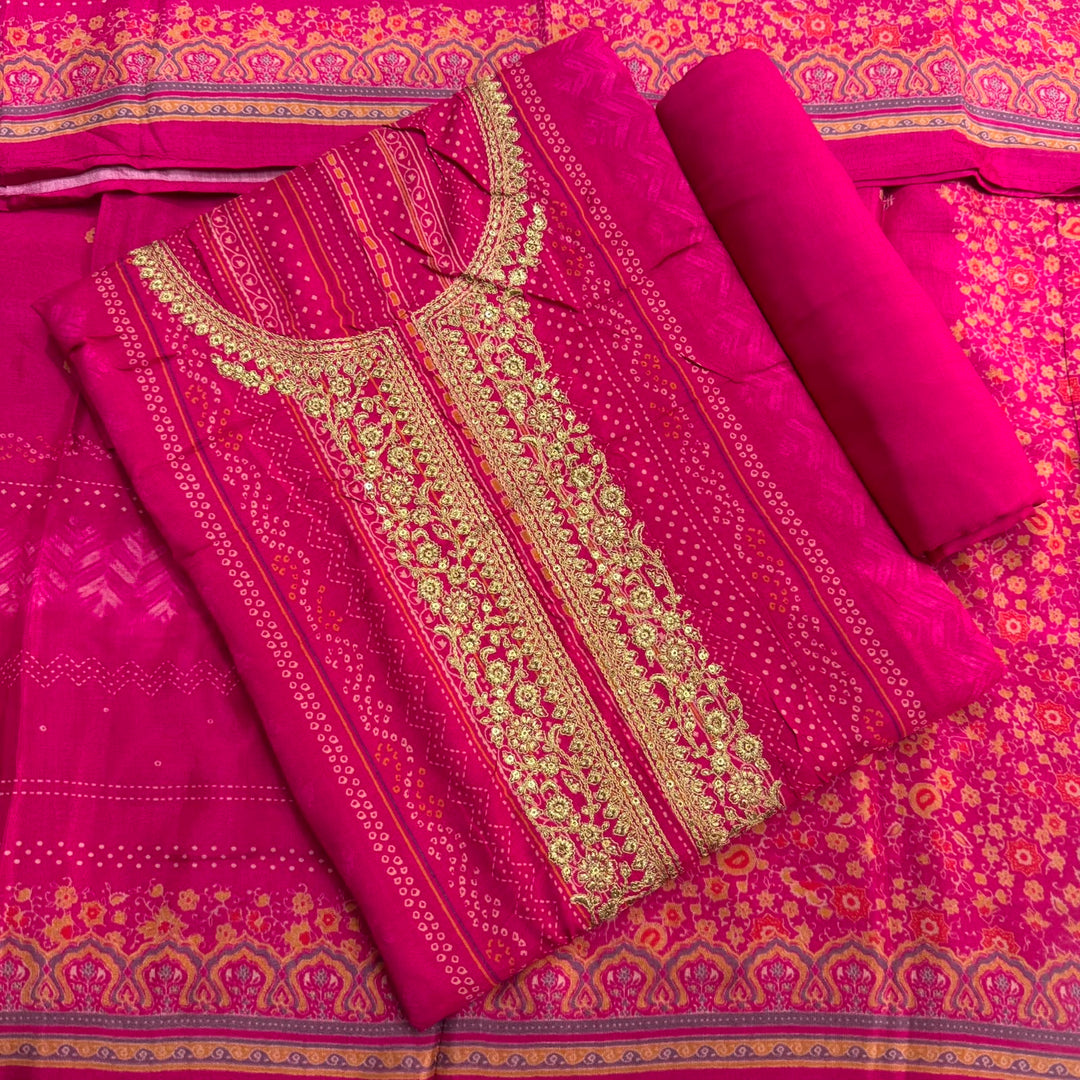 Elegant Bandhani Modal Silk Unstitched Suit Set|Traditional Ethnic Dress Material-NY3103-1