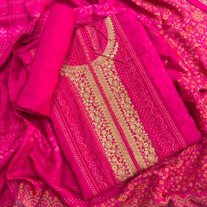 Elegant Bandhani Modal Silk Unstitched Suit Set|Traditional Ethnic Dress Material-NY3103-1