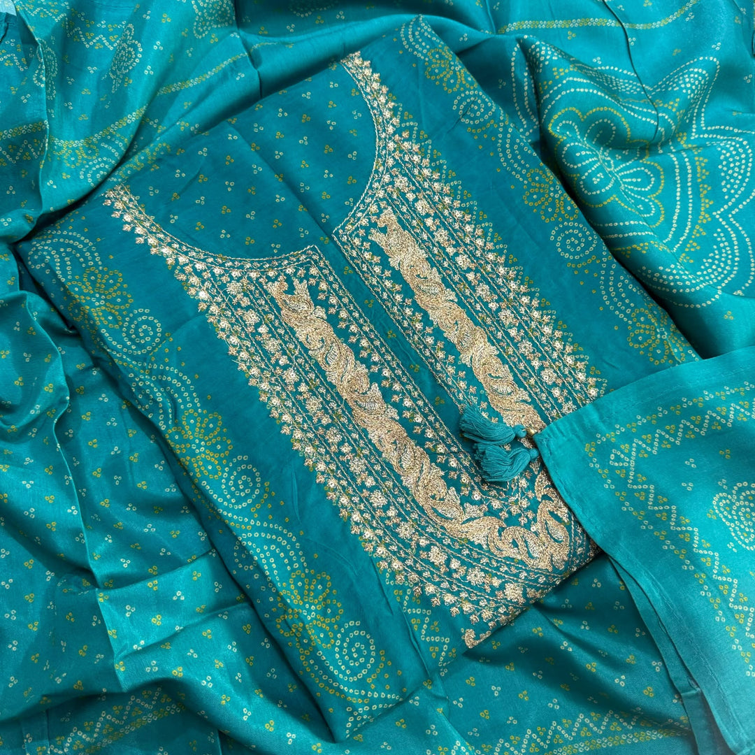 Elegant Bandhani Modal Silk Unstitched Suit Set|Traditional Ethnic Dress Material-NY3104-2