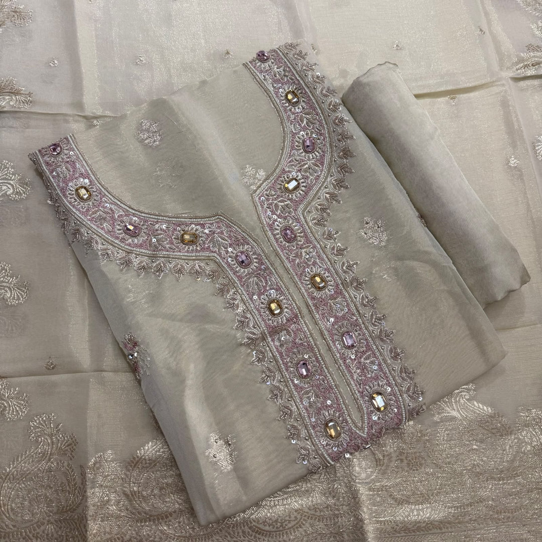 Elegant Shimmer Tissue Unstitched Suit Set-SF037A-A1