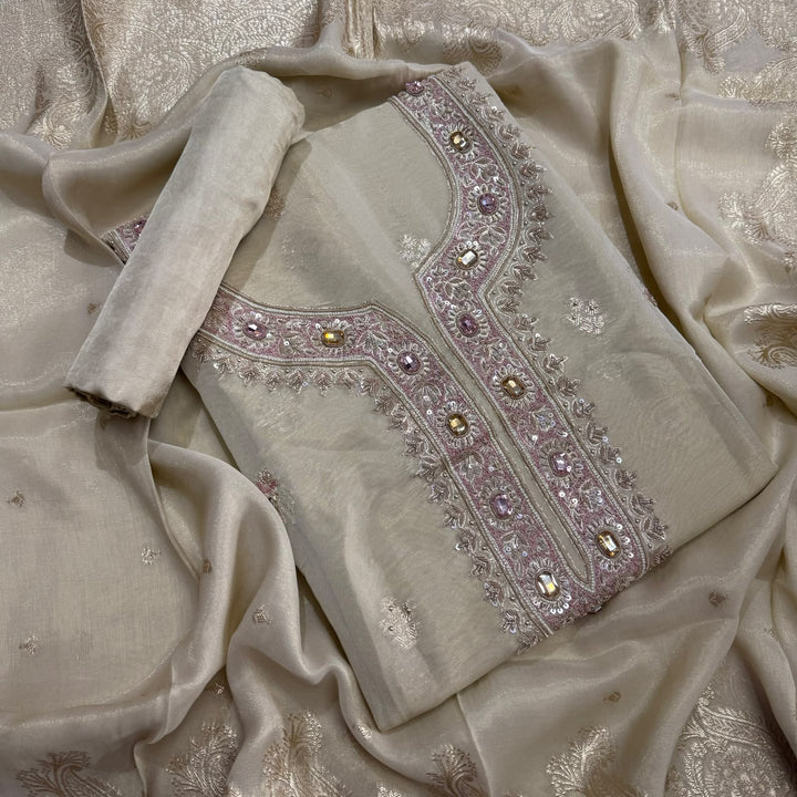 Elegant Shimmer Tissue Unstitched Suit Set-SF037A-A1
