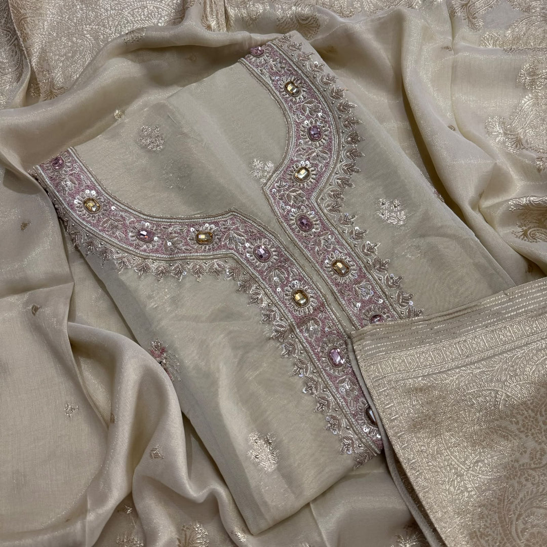 Elegant Shimmer Tissue Unstitched Suit Set-SF037A-A1