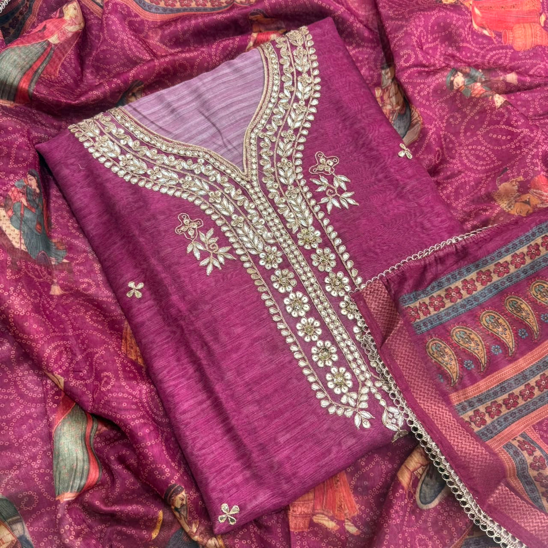 Luxury Tigi Silk Unstitched Suit Set with Gota Patti & Sequin Work-NY9423-A2