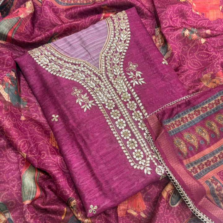 Luxury Tigi Silk Unstitched Suit Set with Gota Patti & Sequin Work-NY9423-A2