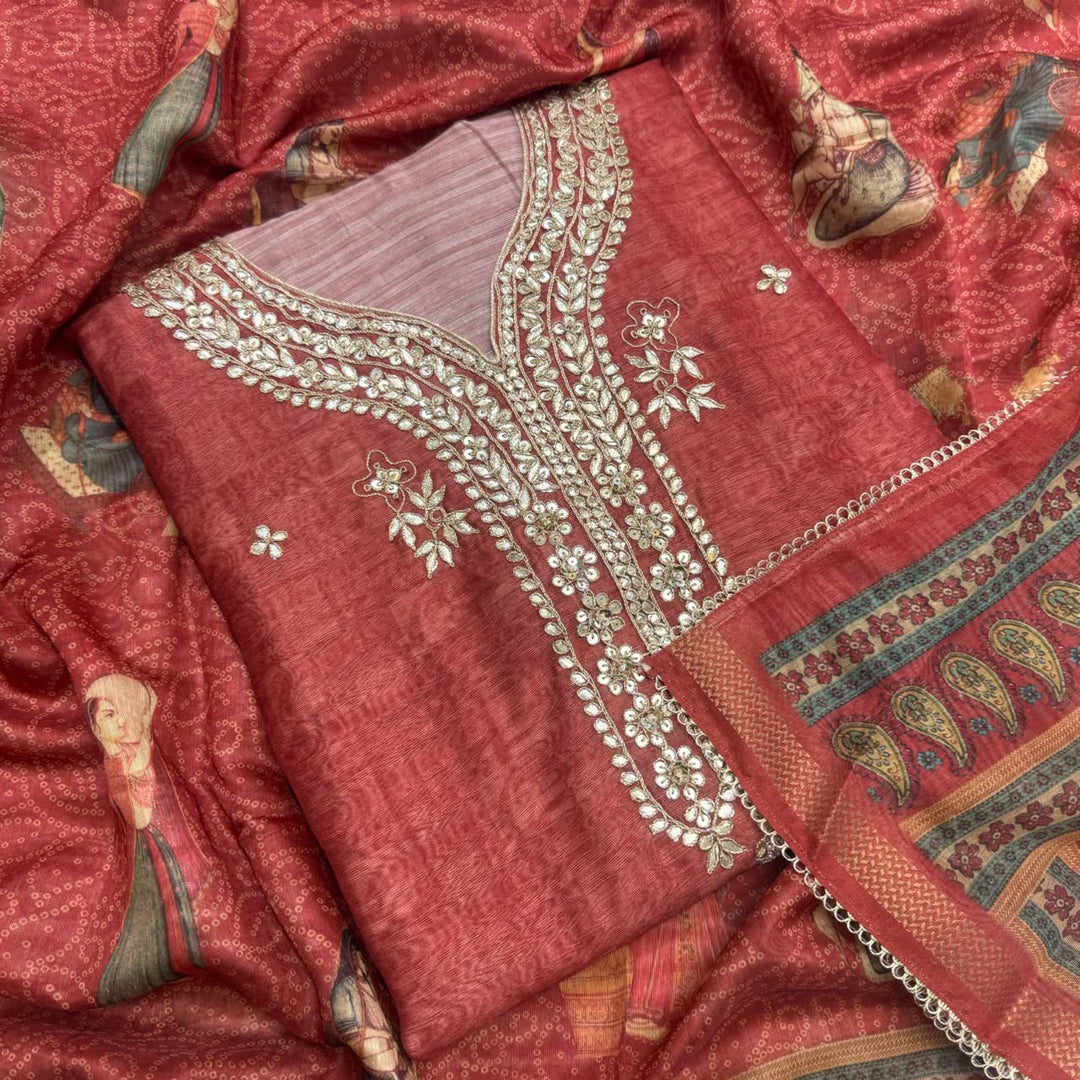 Luxury Tigi Silk Unstitched Suit Set with Gota Patti & Sequin Work-NY9423-A1