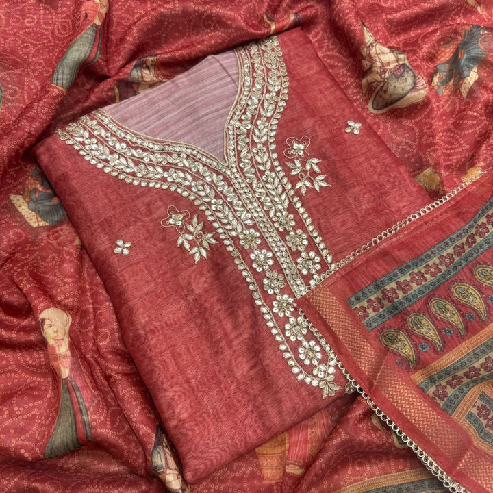 Luxury Tigi Silk Unstitched Suit Set with Gota Patti & Sequin Work-NY9423-A1