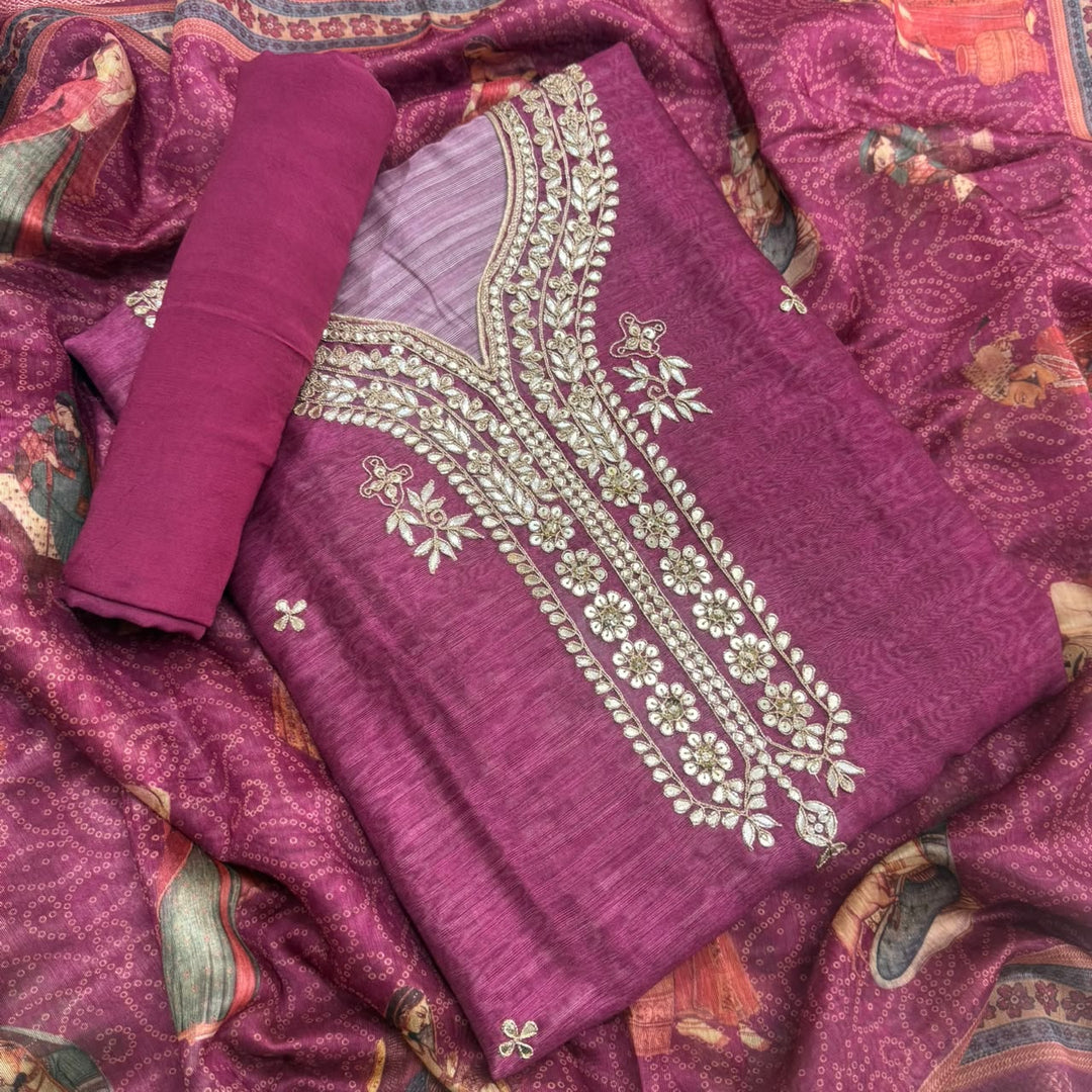 Luxury Tigi Silk Unstitched Suit Set with Gota Patti & Sequin Work-NY9423-A2