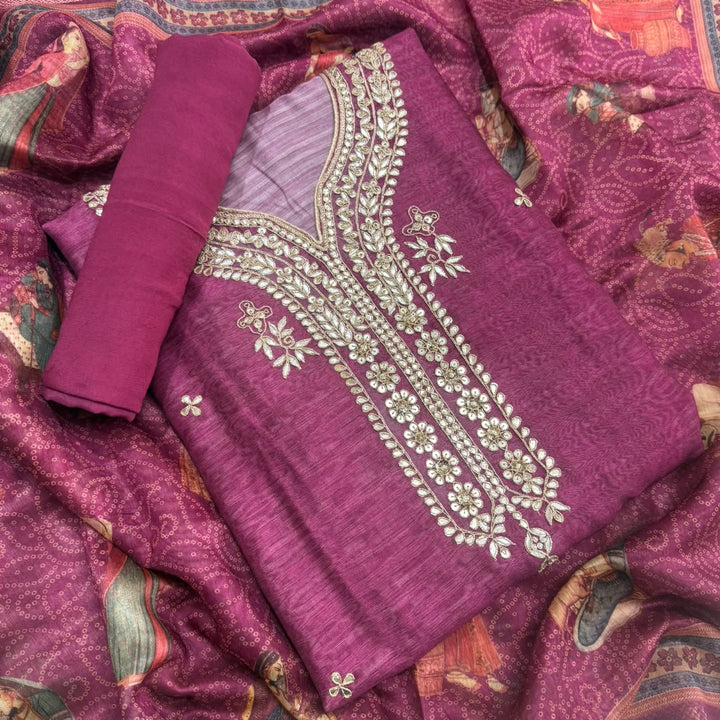 Luxury Tigi Silk Unstitched Suit Set with Gota Patti & Sequin Work-NY9423-A2