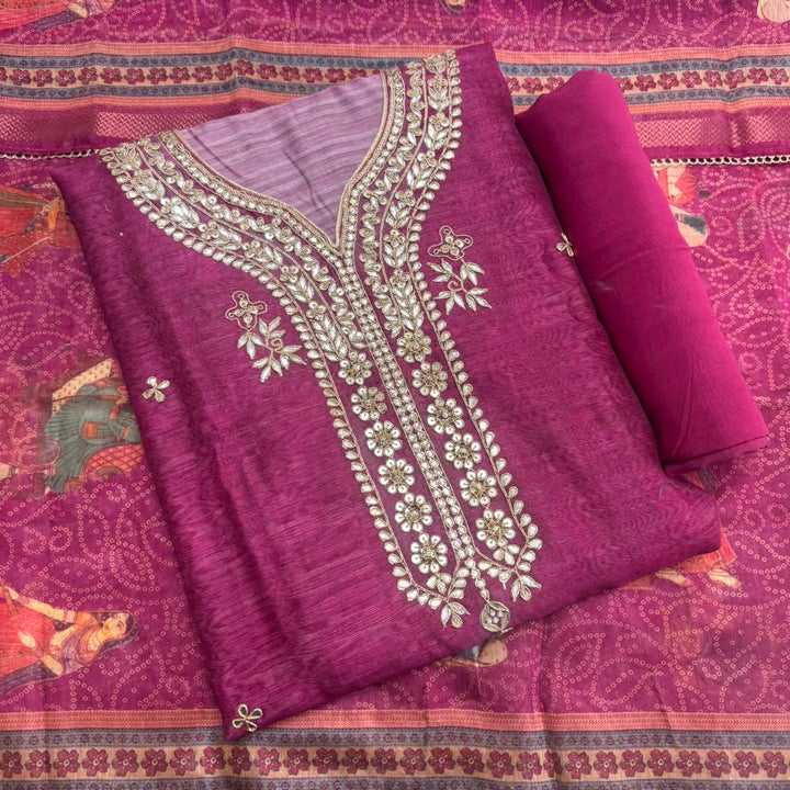 Luxury Tigi Silk Unstitched Suit Set with Gota Patti & Sequin Work-NY9423-A2