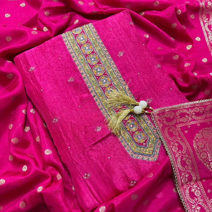 Premium Dola Silk Self Print Unstitched Suit with Madhubani Work - RC1009-2