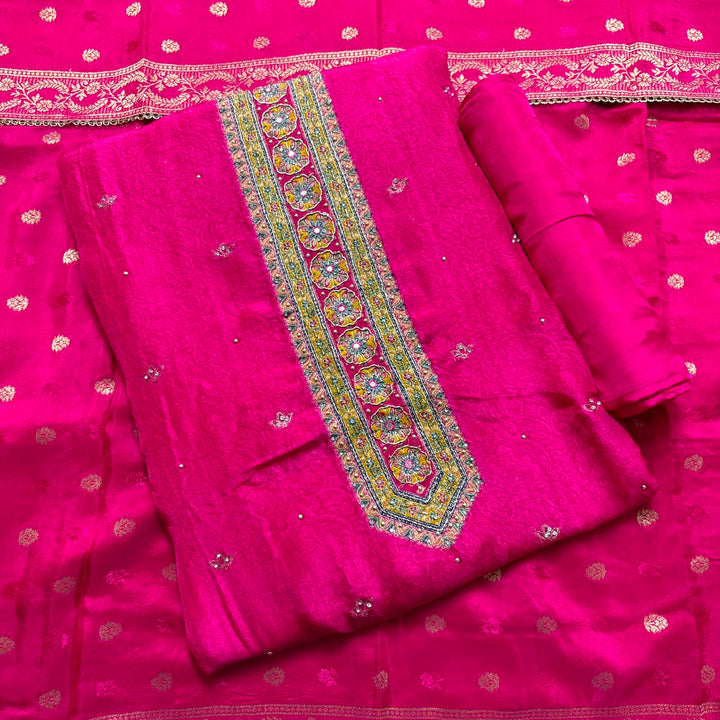 Premium Dola Silk Self Print Unstitched Suit with Madhubani Work - RC1009-2