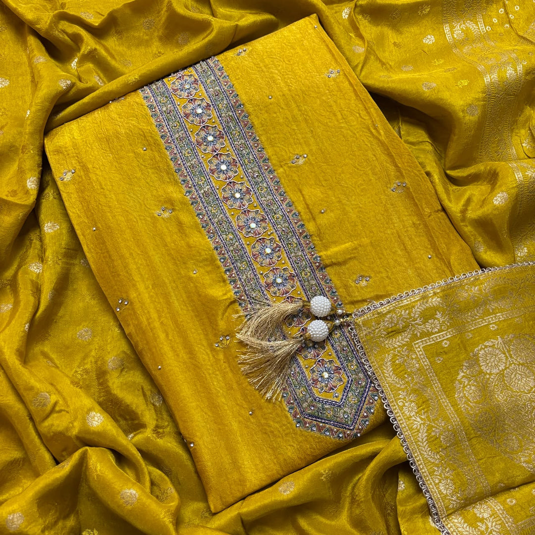 Premium Dola Silk Self Print Unstitched Suit with Madhubani Work - RC1009-1