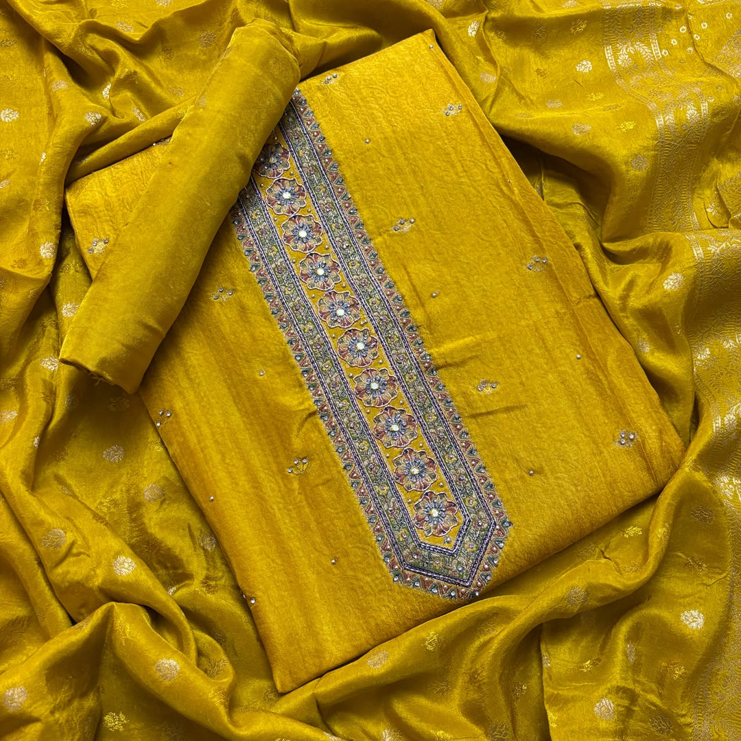 Premium Dola Silk Self Print Unstitched Suit with Madhubani Work - RC1009-1