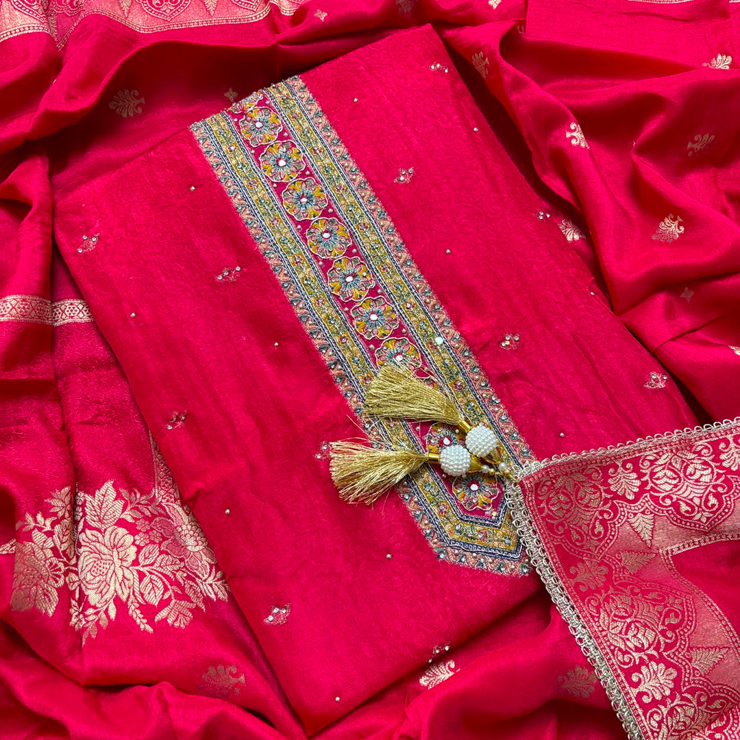 Premium Dola Silk Self Print Unstitched Suit with Madhubani Work - RC1009-3