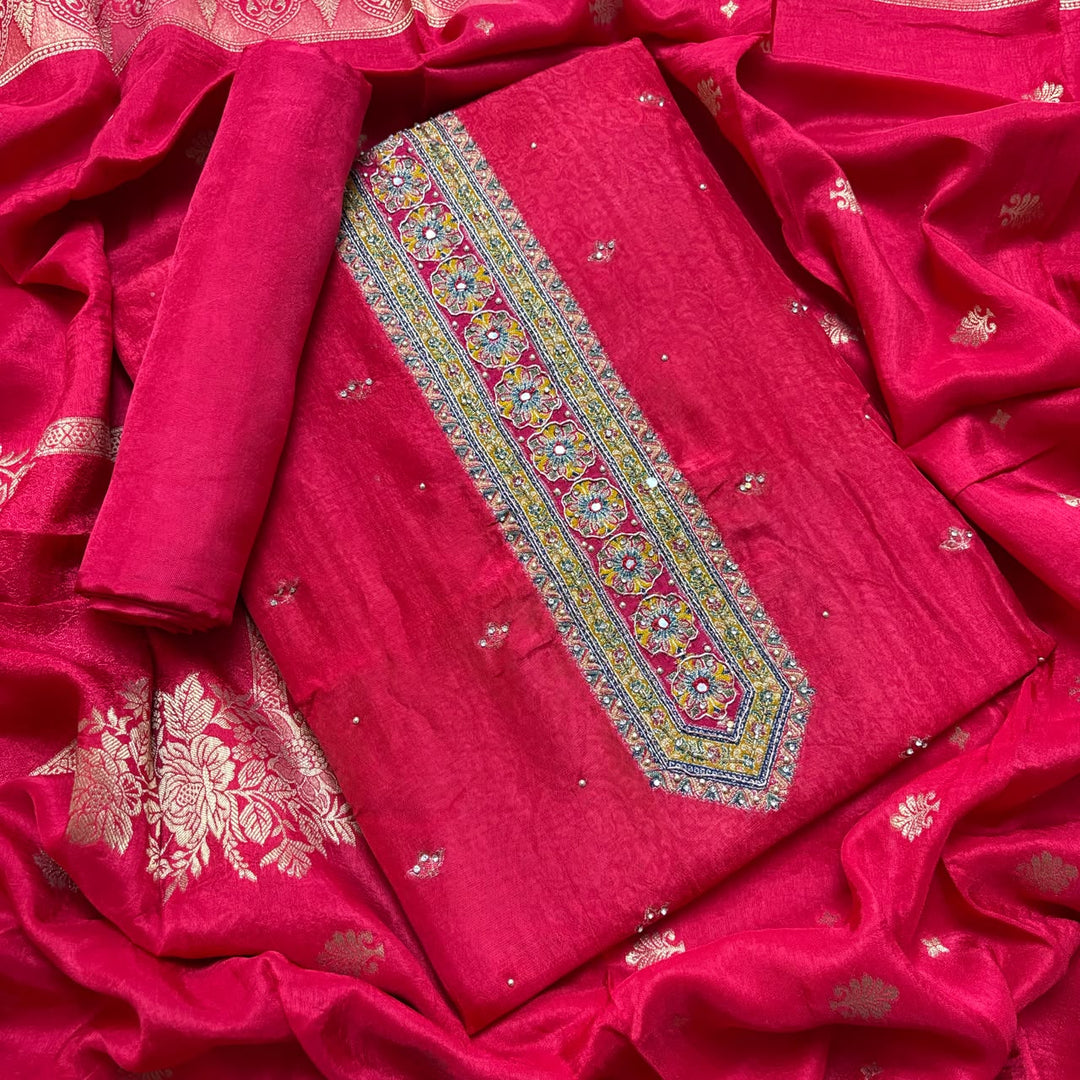 Premium Dola Silk Self Print Unstitched Suit with Madhubani Work - RC1009-3