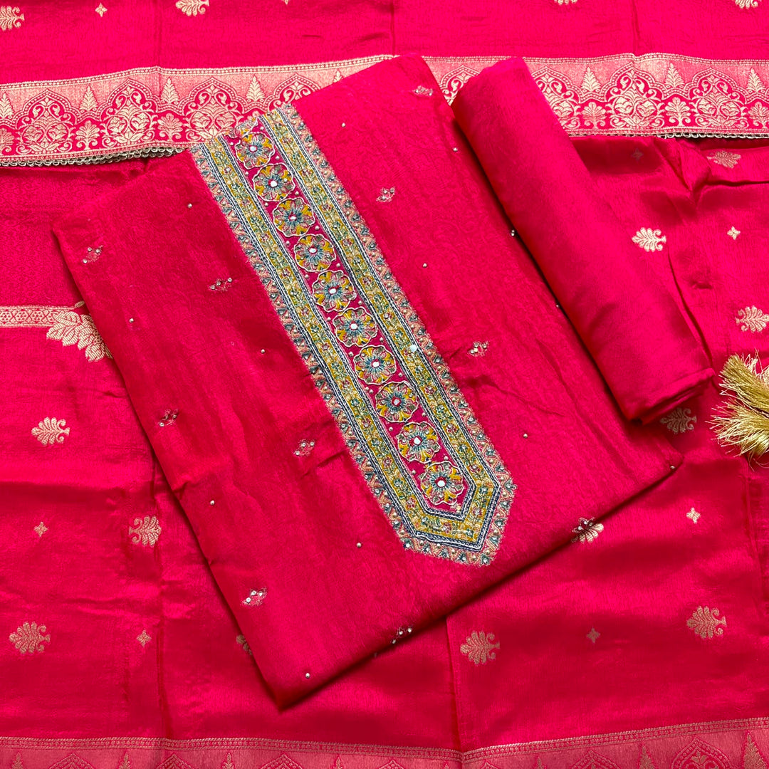 Premium Dola Silk Self Print Unstitched Suit with Madhubani Work - RC1009-3