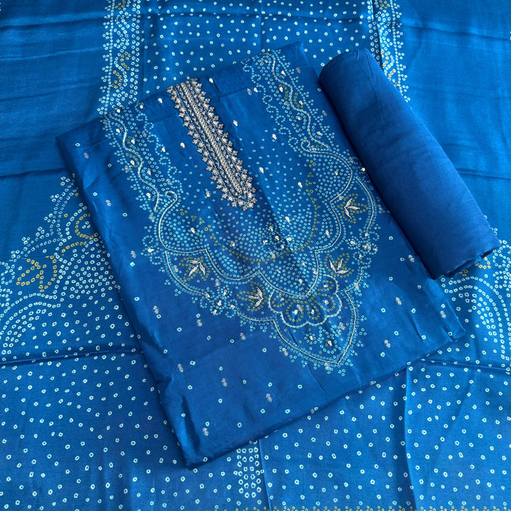 Premium Modal Silk Bandhani Print Zari Work Designer Unstitched Suit Set - NY3101-B