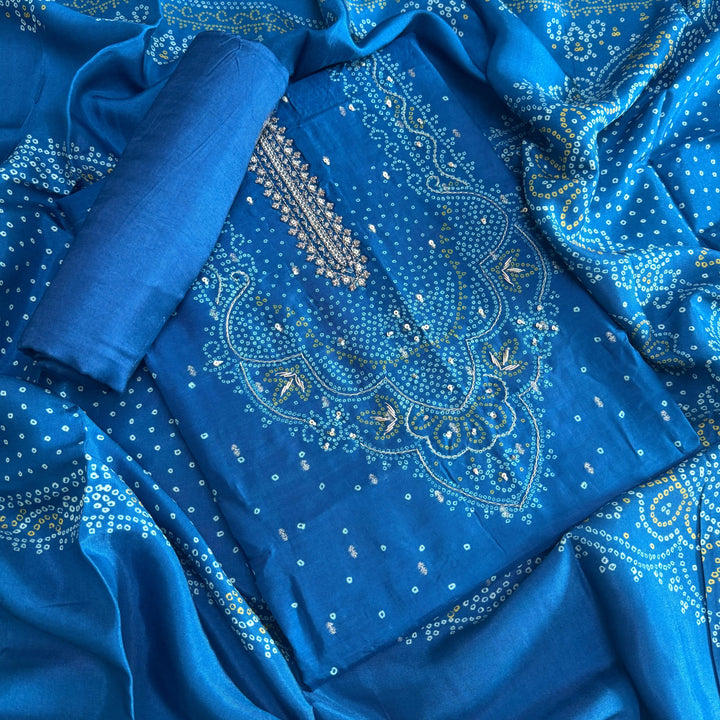 Premium Modal Silk Bandhani Print Zari Work Designer Unstitched Suit Set - NY3101-B