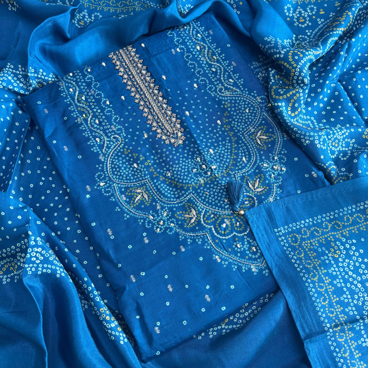 Premium Modal Silk Bandhani Print Zari Work Designer Unstitched Suit Set - NY3101-B