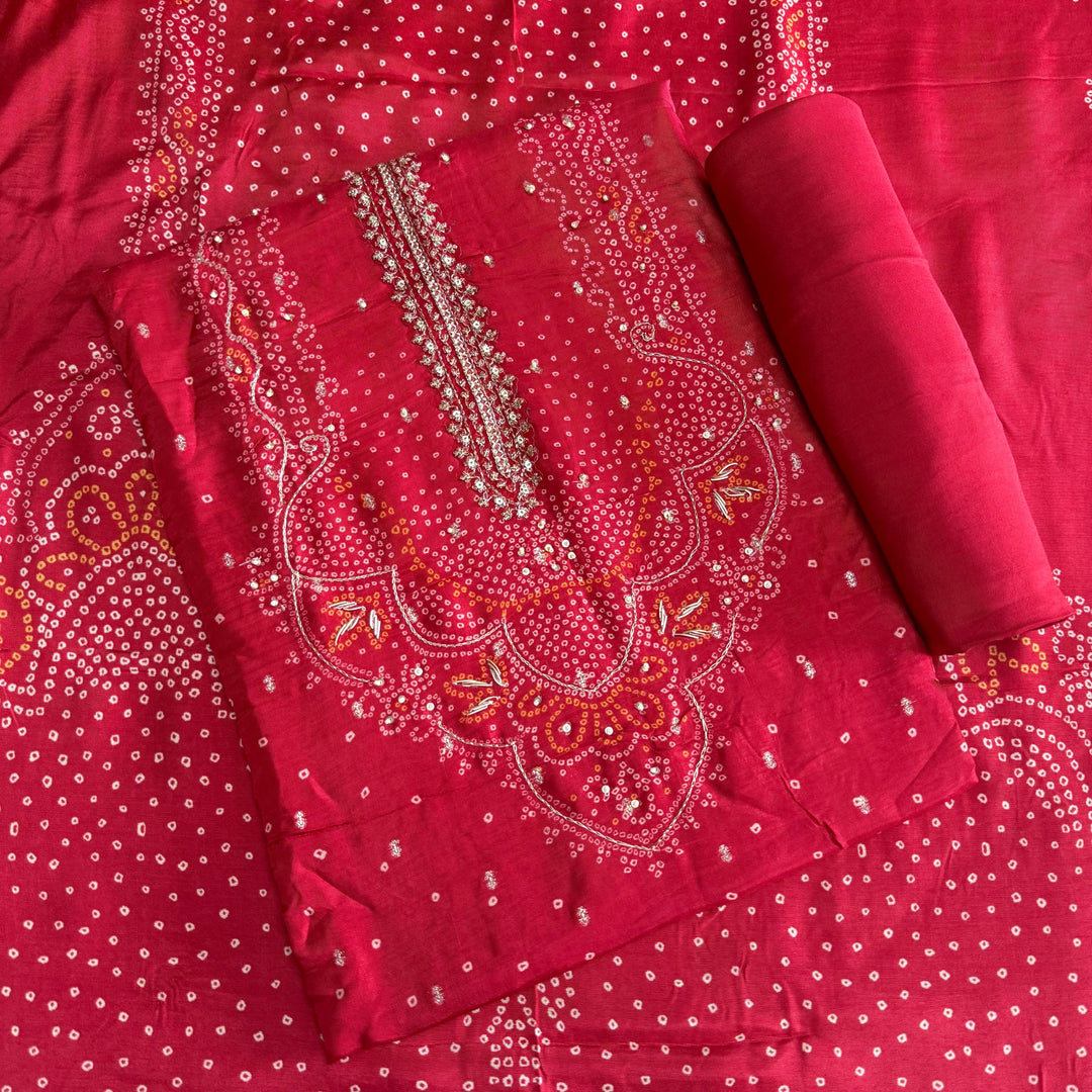 Premium Modal Silk Bandhani Print Zari Work Designer Unstitched Suit Set - NY3101-A