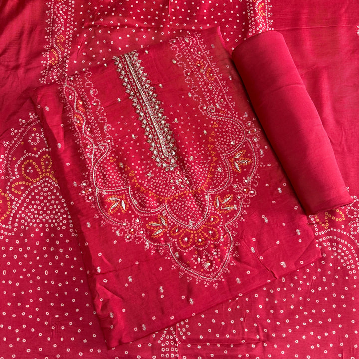 Premium Modal Silk Bandhani Print Zari Work Designer Unstitched Suit Set - NY3101-A