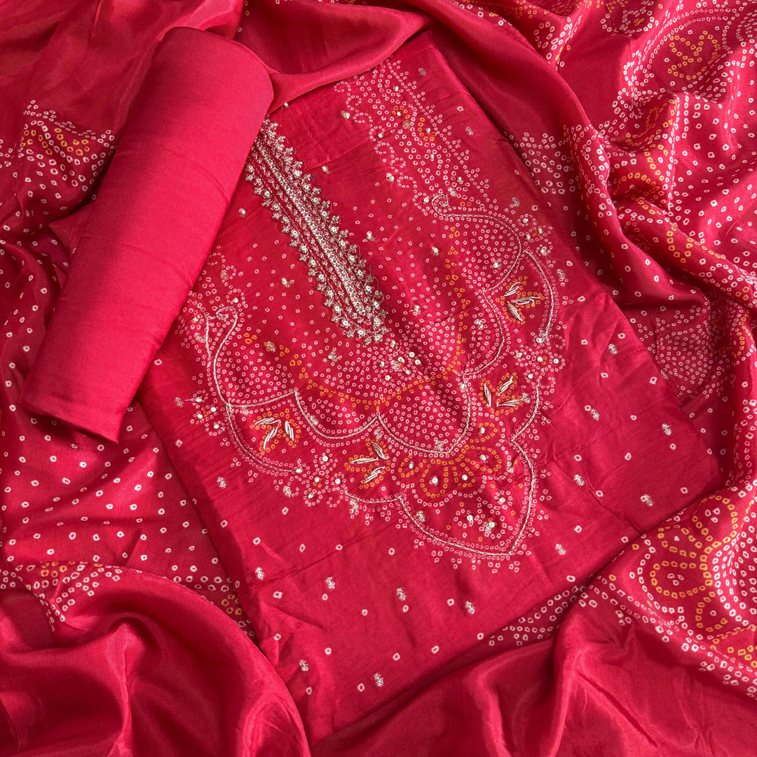 Premium Modal Silk Bandhani Print Zari Work Designer Unstitched Suit Set - NY3101-A