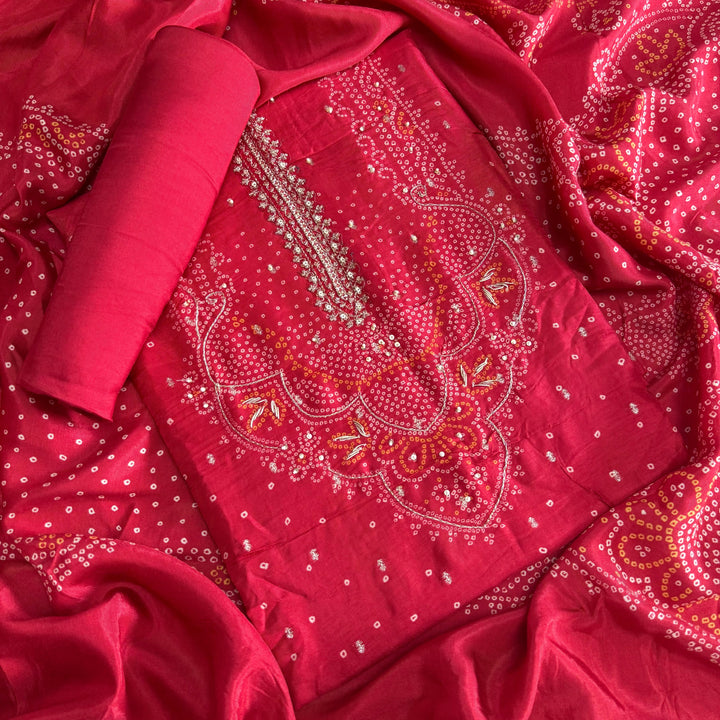 Premium Modal Silk Bandhani Print Zari Work Designer Unstitched Suit Set - NY3101-A