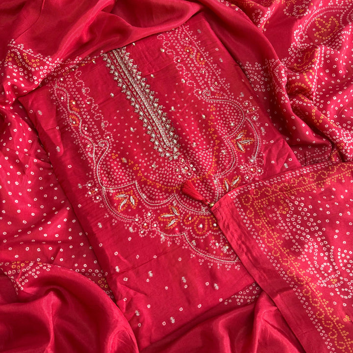 Premium Modal Silk Bandhani Print Zari Work Designer Unstitched Suit Set - NY3101-A