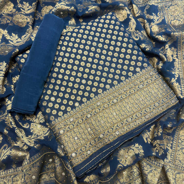 Royal Khaddi Georgette Zari Booti Unstitched Suit Set with Elegant Zari Booti - SL1605-4