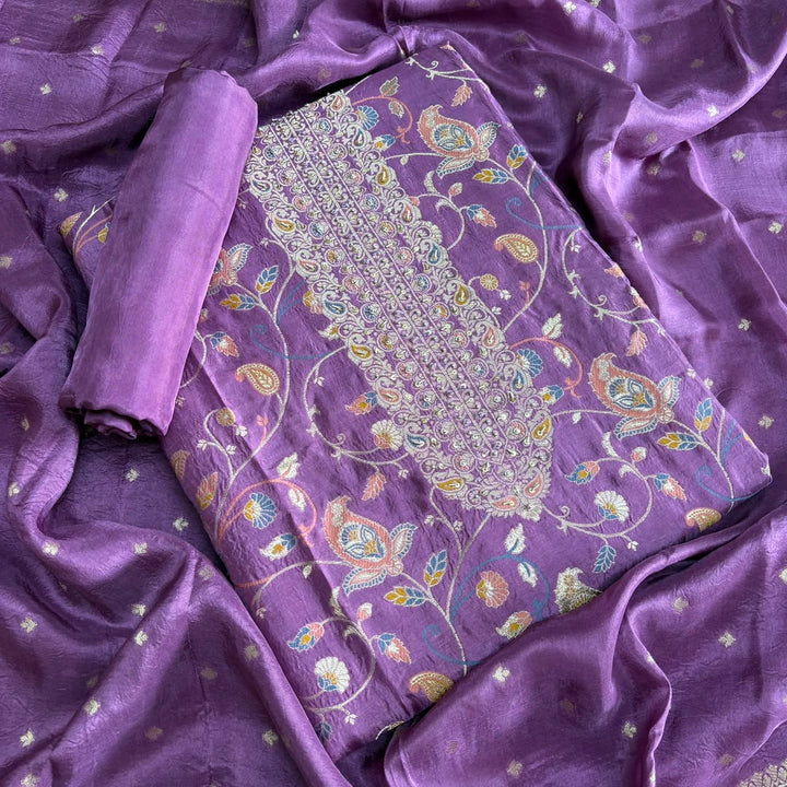 Premium Dola Silk Unstitched Suit Set With Intricate Dabka and Sequin Work - PT9285-3