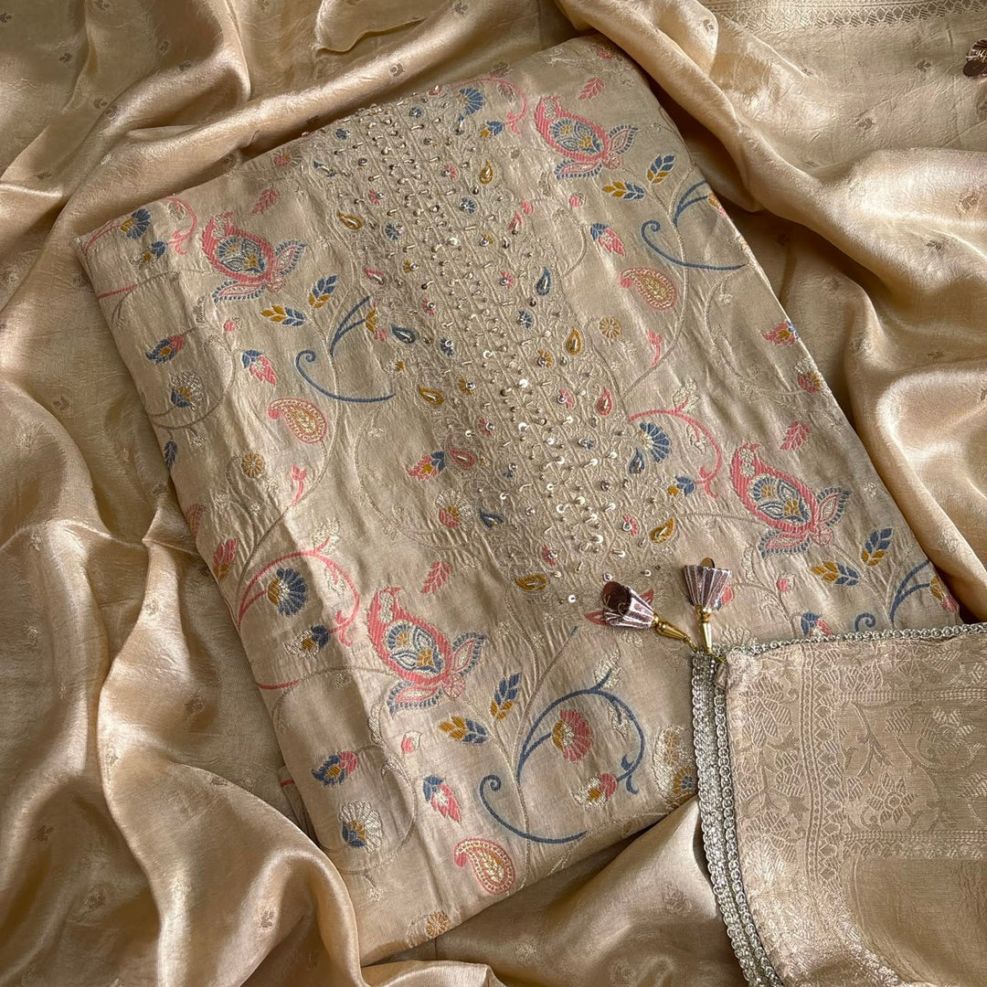 Premium Dola Silk Unstitched Suit Set With Intricate Dabka and Sequin Work - PT9285-1