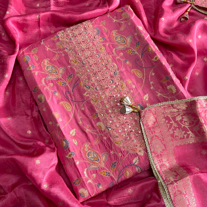 Premium Dola Silk Unstitched Suit Set With Intricate Dabka and Sequin Work - PT9285-2