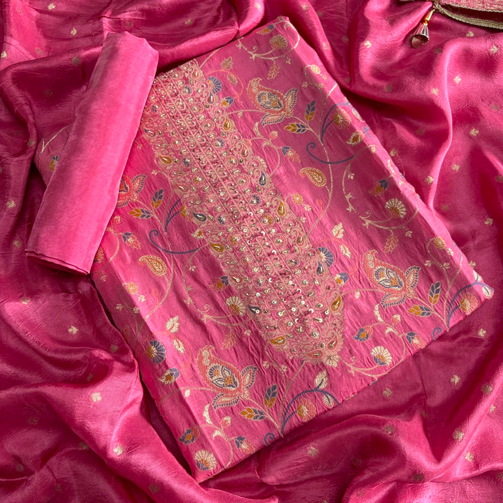 Premium Dola Silk Unstitched Suit Set With Intricate Dabka and Sequin Work - PT9285-2