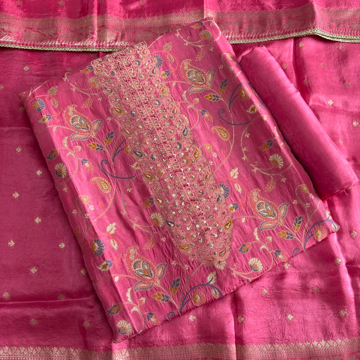 Premium Dola Silk Unstitched Suit Set With Intricate Dabka and Sequin Work - PT9285-2
