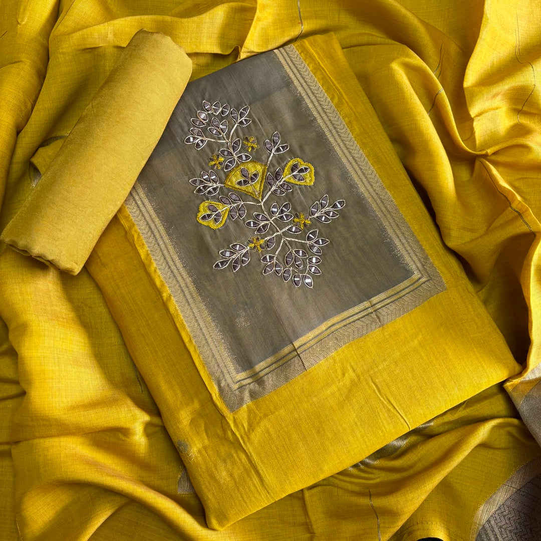 Premium Chanderi Cotton Unstitched Suit Set With Dori Embroidery - N41003-1